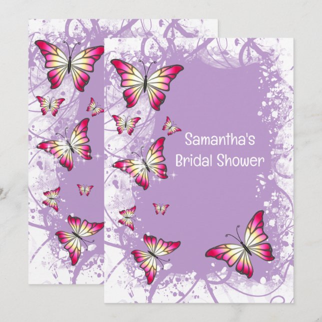 Invitation Douche de mariée papillon aquarelle rose violet (Devant / Derrière)