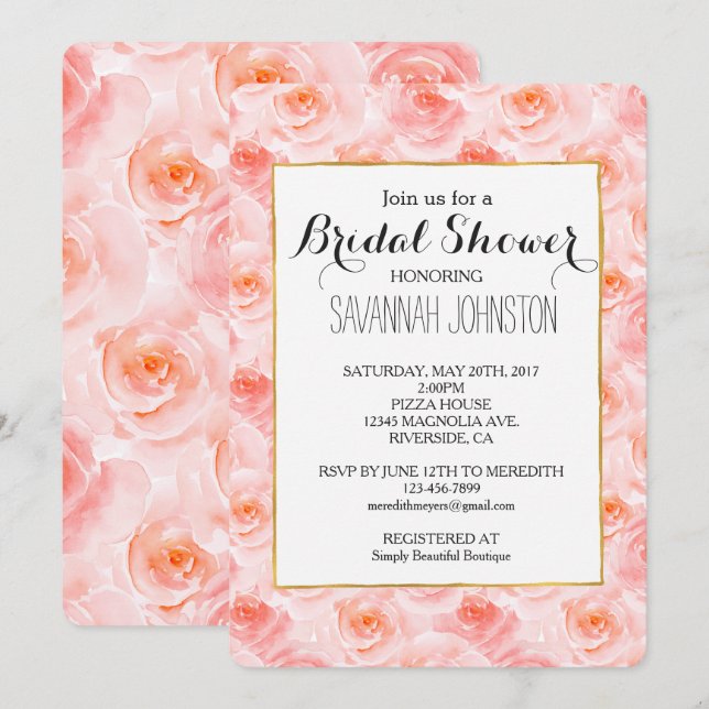 Invitation Douche de mariée Rose avec Pretty Blush Rose (Devant / Derrière)