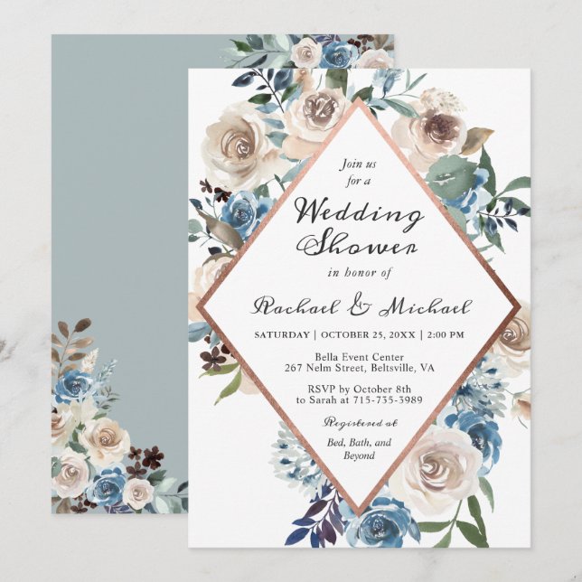 Invitation Douche Dusty Boho Floral Rose Gold Mariages Couple (Devant / Derrière)