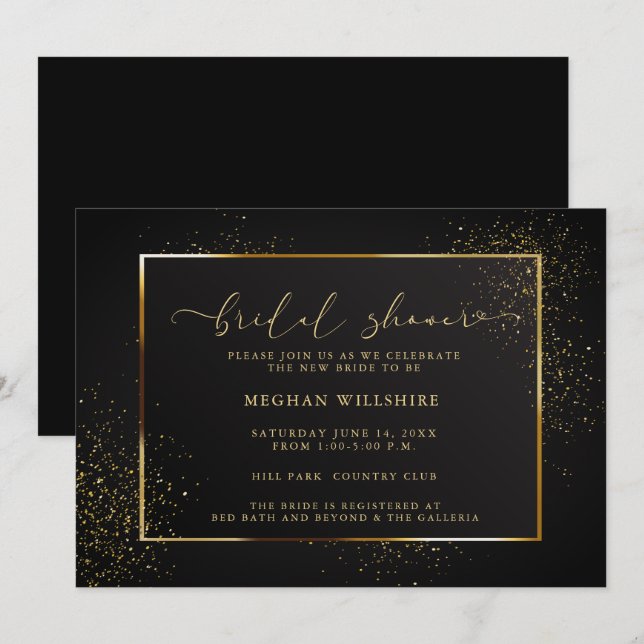 Invitation DOUCHE | Elégante Parties scintillant noire et or (Devant / Derrière)