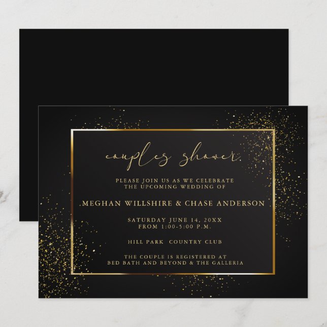 Invitation DOUCHE | Elégante Parties scintillant noire et or (Devant / Derrière)
