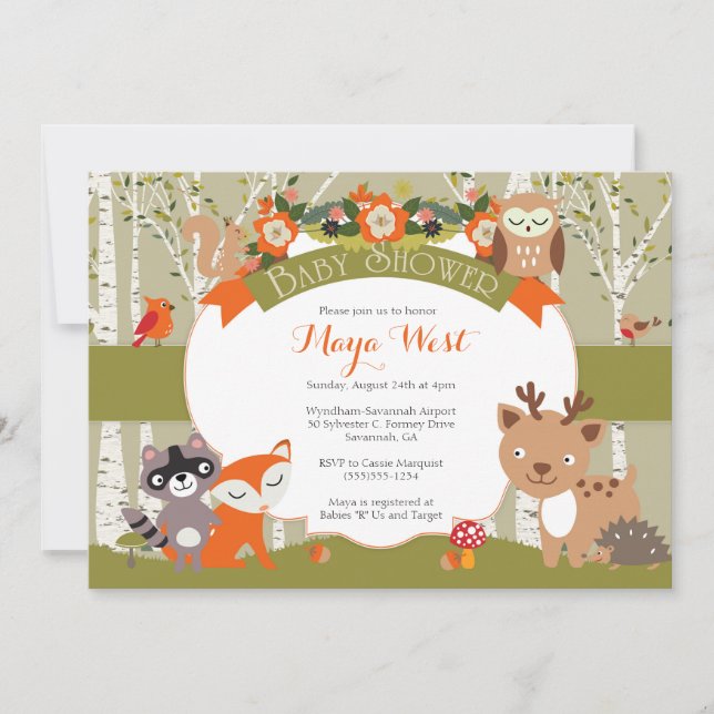 Invitation Douche en bois - Animaux forestiers Thème Baby Sho (Devant)
