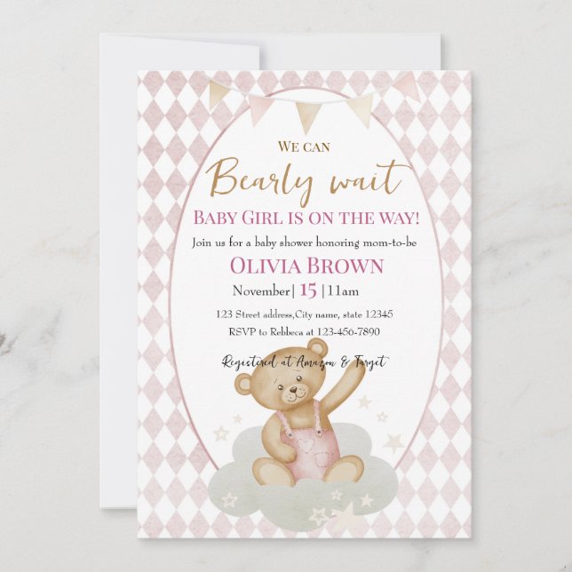 Invitation Douche Fille Design Ours En Teddy Rose (Devant)