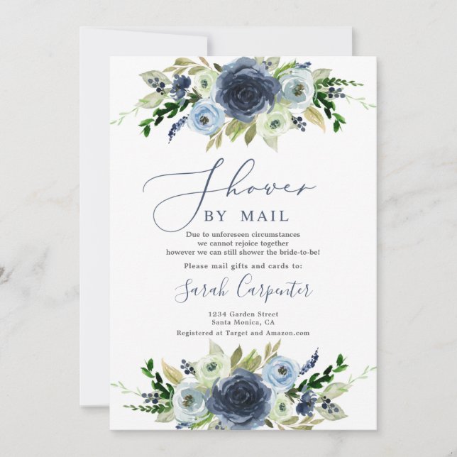 Invitation Douche florale bleu marine par Fête de l'mariée po (Devant)