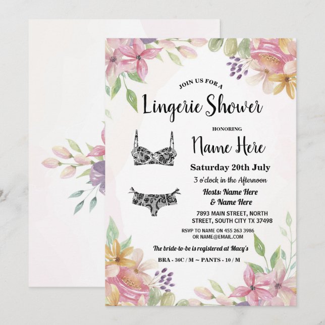 Invitation Douche florale en pastel de lingerie de jolie (Devant / Derrière)