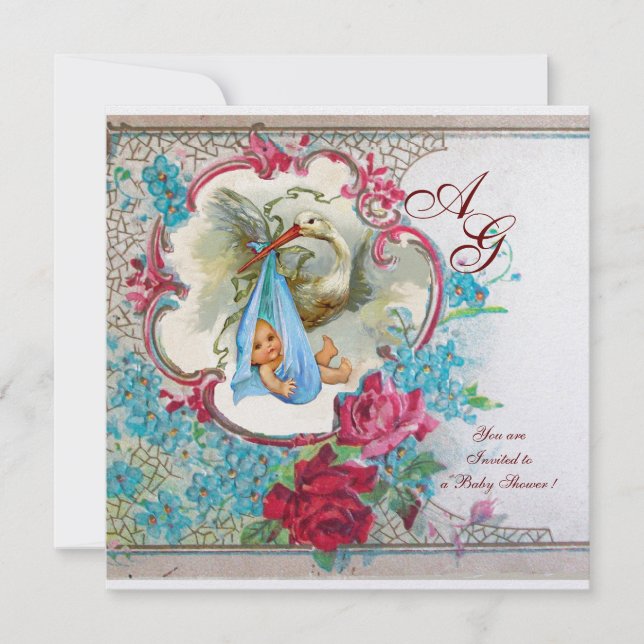 INVITATION DOUCHE GARÇON STORK BÉBÉ AVEC ROSES ET FLEURS BLEU (Devant)