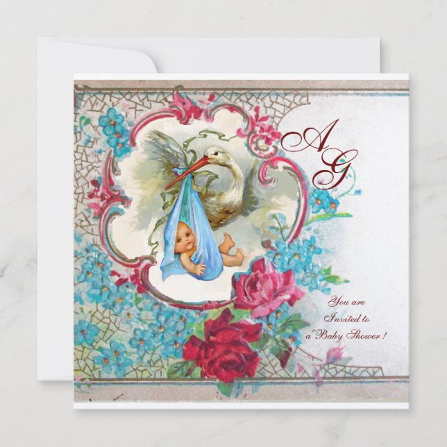 INVITATION DOUCHE GARÇON STORK BÉBÉ AVEC ROSES ET FLEURS BLEU (Devant)