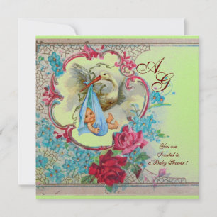 INVITATION DOUCHE GARÇON STORK BÉBÉ AVEC ROSES ET FLEURS BLEU