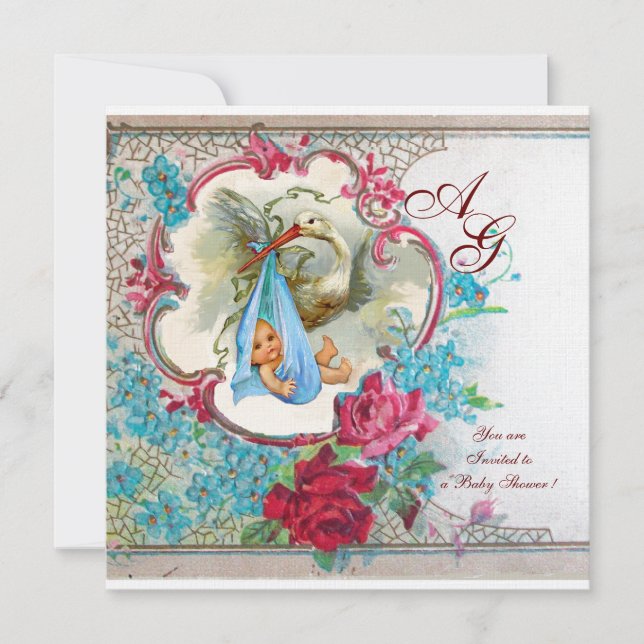 INVITATION DOUCHE GARÇON STORK BÉBÉ AVEC ROSES ET FLEURS BLEU (Devant)