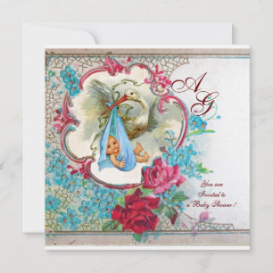 INVITATION DOUCHE GARÇON STORK BÉBÉ AVEC ROSES ET FLEURS BLEU