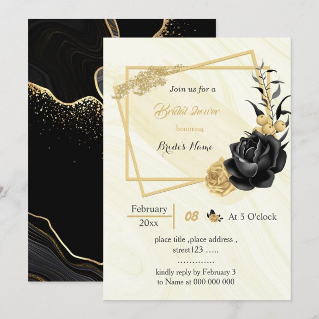 Invitation douche géométrique de nage or & fleurs noires (Devant / Derrière)