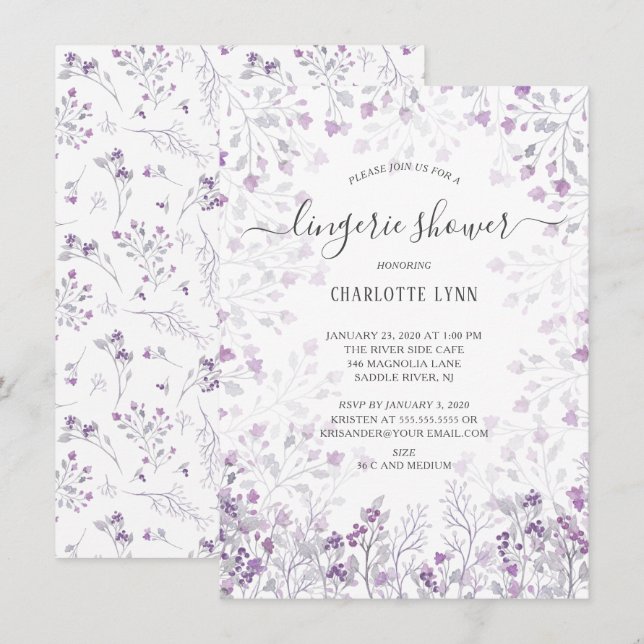 Invitation Douche Lingerie-Aquarelle mauve (Devant / Derrière)
