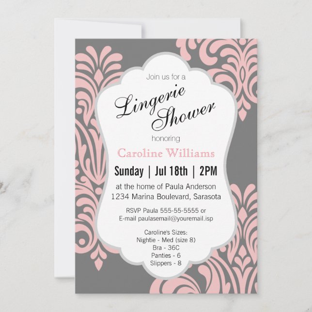 Invitation Douche Lingerie Damask Rose (Devant)