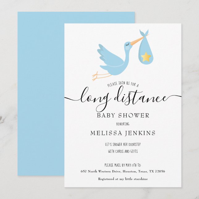 Invitation Douche Longue Distance Par Mail Blue Stork Star (Devant / Derrière)