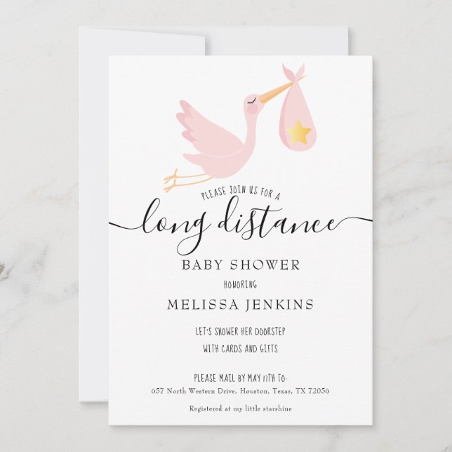 Invitation Douche Longue Distance / Saupoudrer Par Mail Rose (Devant)