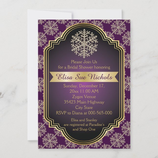 Invitation Douche mariage de flocons d'or et de violet (Devant)