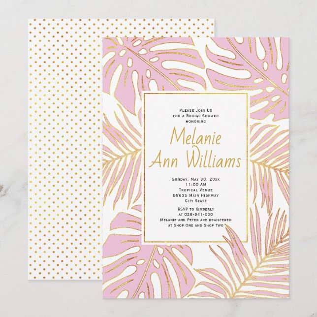 Invitation Douche mariage feuille tropicale rose (Devant / Derrière)