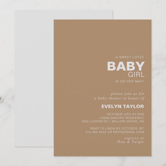 Invitation Douche minimaliste Brown pour bébé (Devant / Derrière)