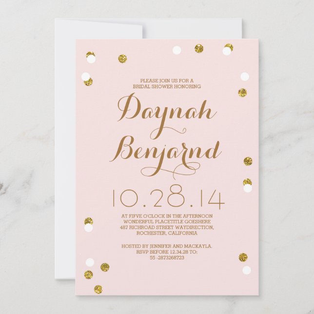 Invitation Douche moderne pour mariée rose & or confetti (Devant)