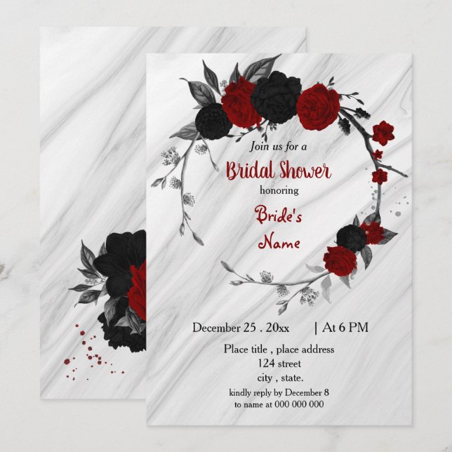 Invitation Douche nuptiale à couronne noire et rouge (Devant / Derrière)