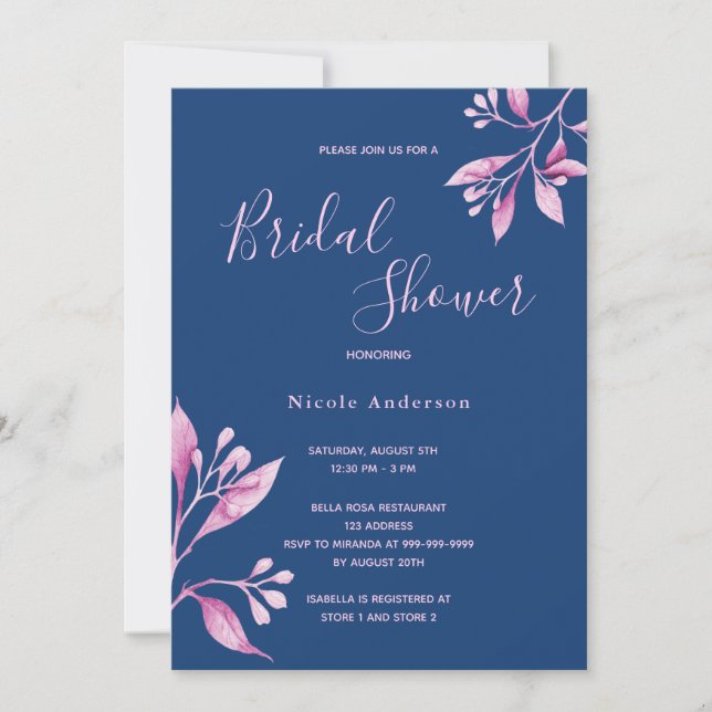 Invitation Douche nuptiale à fleurs couleur bleu rose (Devant)