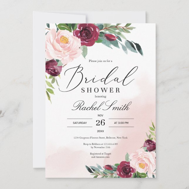 Invitation Douche-nuptiale à fleurs roses rousses (Devant)