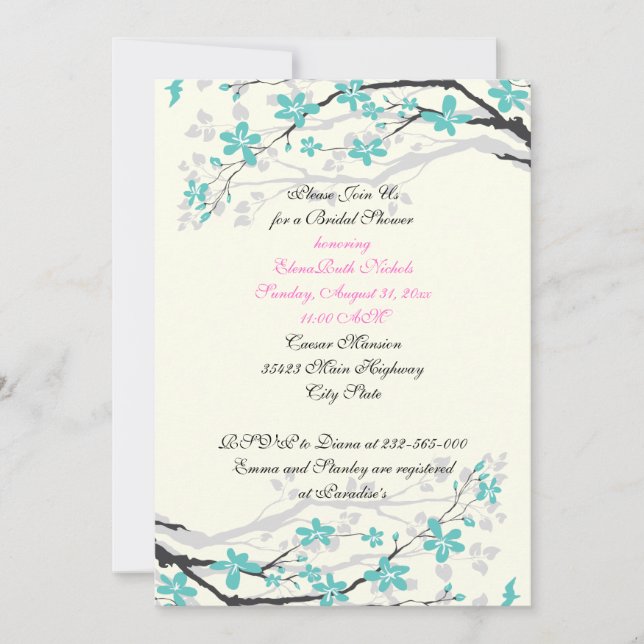 Invitation Douche nuptiale à fleurs turquoise, rose mariage c (Devant)