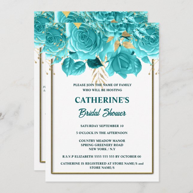 Invitation Douche nuptiale Aqua or blanc rose (Devant / Derrière)