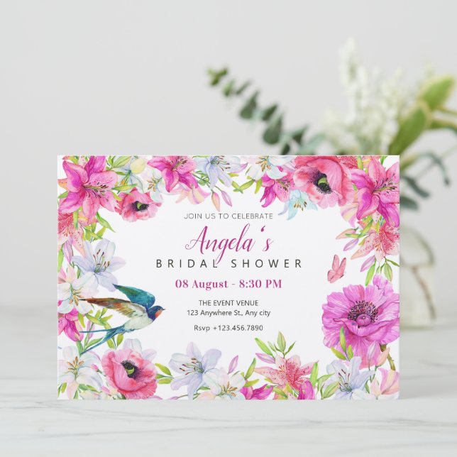 Invitation Douche nuptiale artistique fleurie rose (Debout devant)