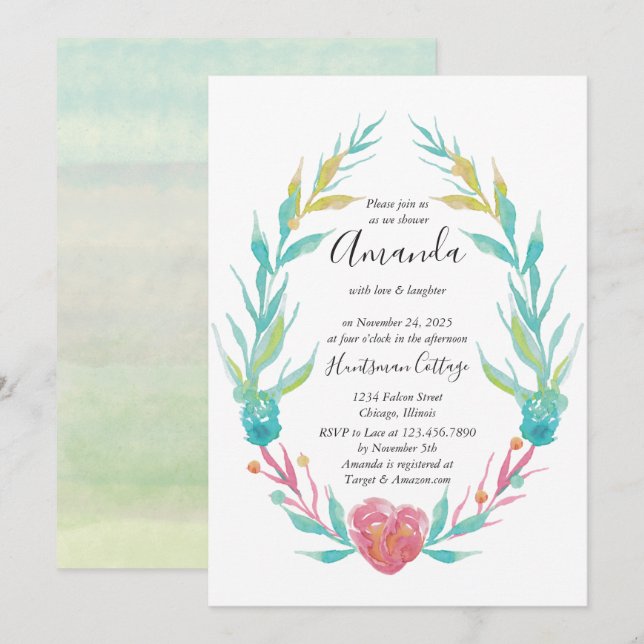 Invitation Douche nuptiale au coeur aquarelle et cadre fleuri (Devant / Derrière)