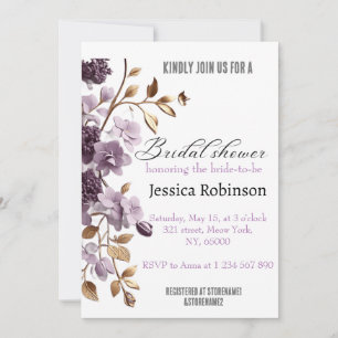Invitation "douche nuptiale aux fleurs violettes et aux feuil
