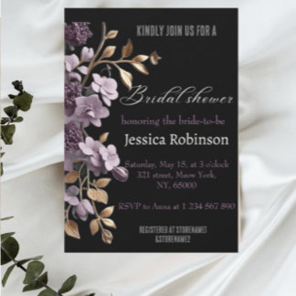 Invitation "douche nuptiale aux fleurs violettes et aux feuil