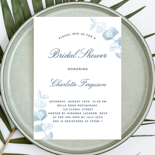 Invitation Douche nuptiale blanche bleu poussiéreux à eucalyp (Créateur téléchargé)
