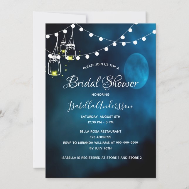Invitation Douche nuptiale bleu lune cordes lumineuses (Devant)