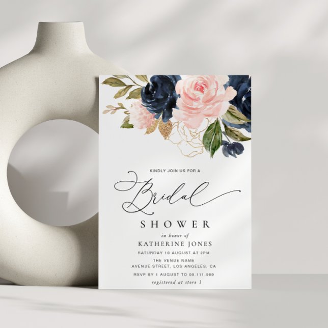 Invitation douche nuptiale bleu marine et florale (Créateur téléchargé)