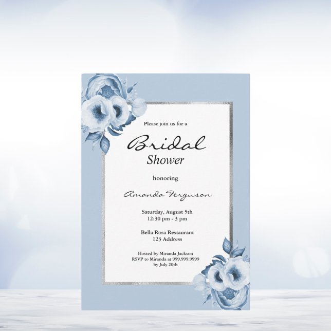 Invitation Douche nuptiale bleu poussiéreux floraux argent (Créateur téléchargé)