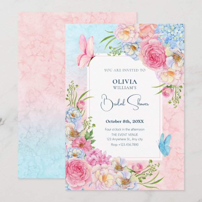 Invitation Douche nuptiale bleu rose (Devant / Derrière)