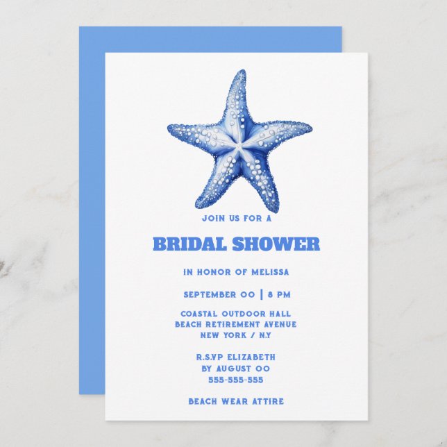 Invitation Douche nuptiale bleu Starfish (Devant / Derrière)