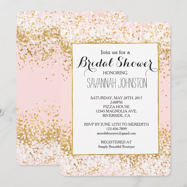 Invitation Douche nuptiale Blush Pink White Gold Confetti (Devant / Derrière)