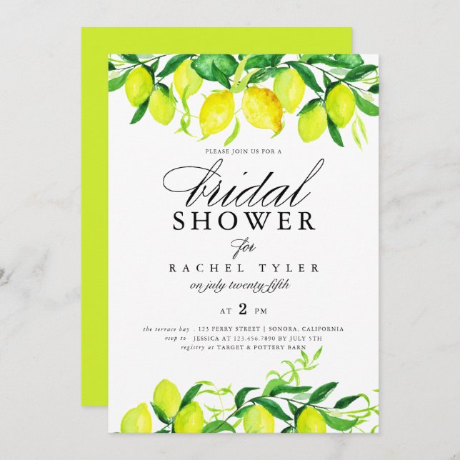Invitation Douche nuptiale de citrons d'aquarelle (Devant / Derrière)