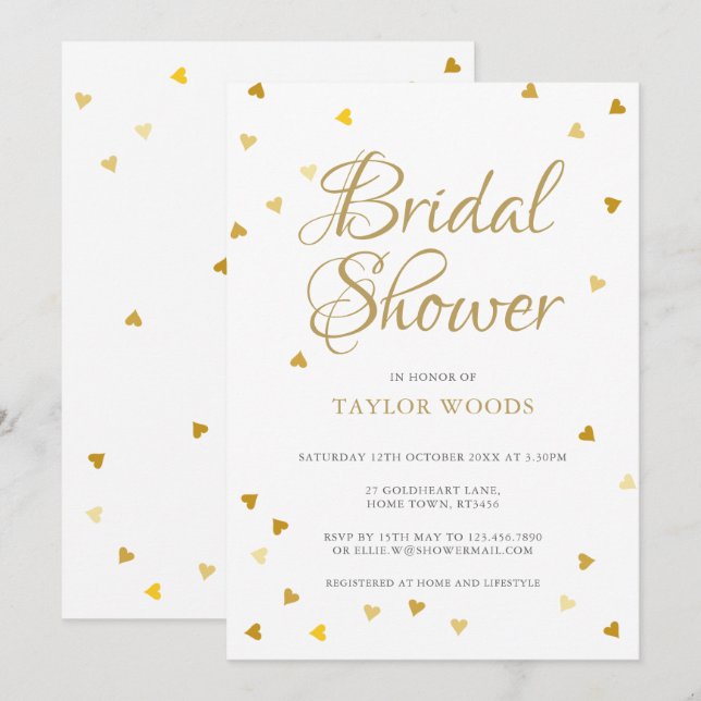 Invitation Douche nuptiale de confetti du coeur d'or (Devant / Derrière)
