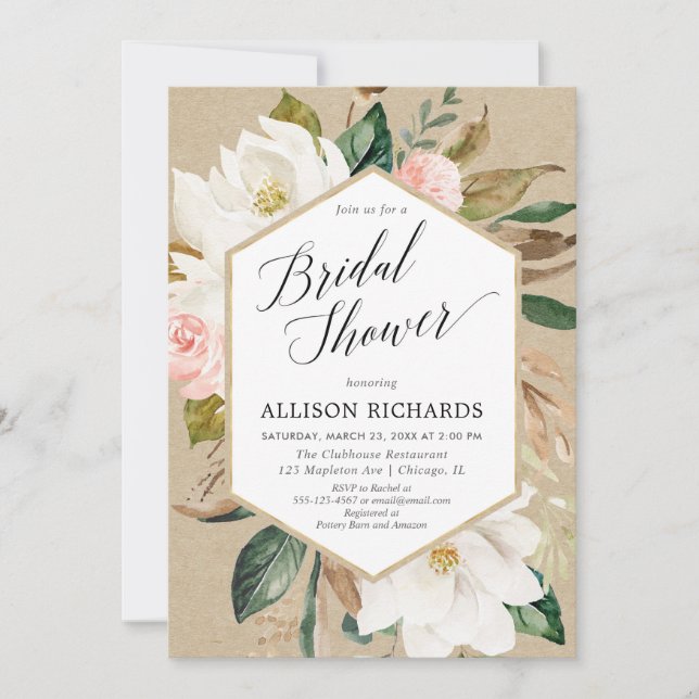 Invitation Douche nuptiale de magnolia blanche rose florale (Devant)
