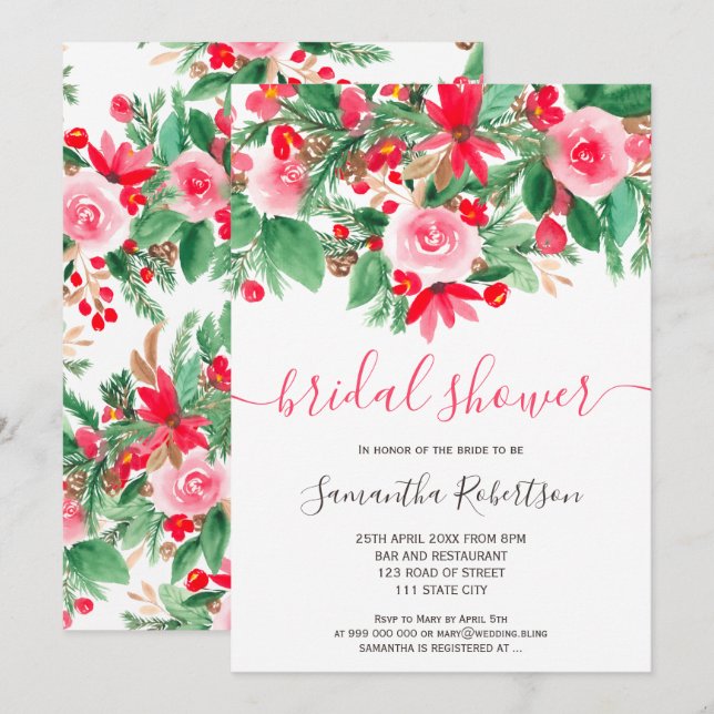 Invitation Douche-nuptiale d'hiver à l'aquarelle rouge vert (Devant / Derrière)