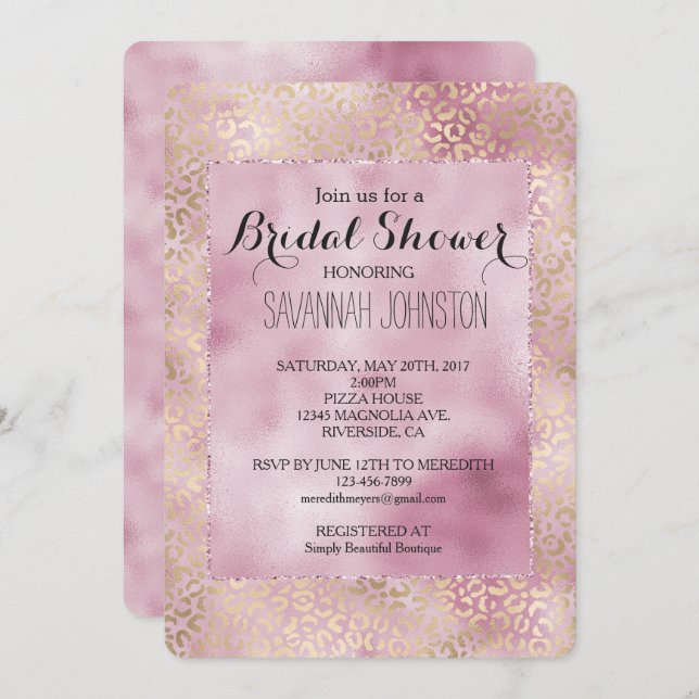 Invitation Douche nuptiale Empreinte de léopard Girly Pink Gl (Devant / Derrière)