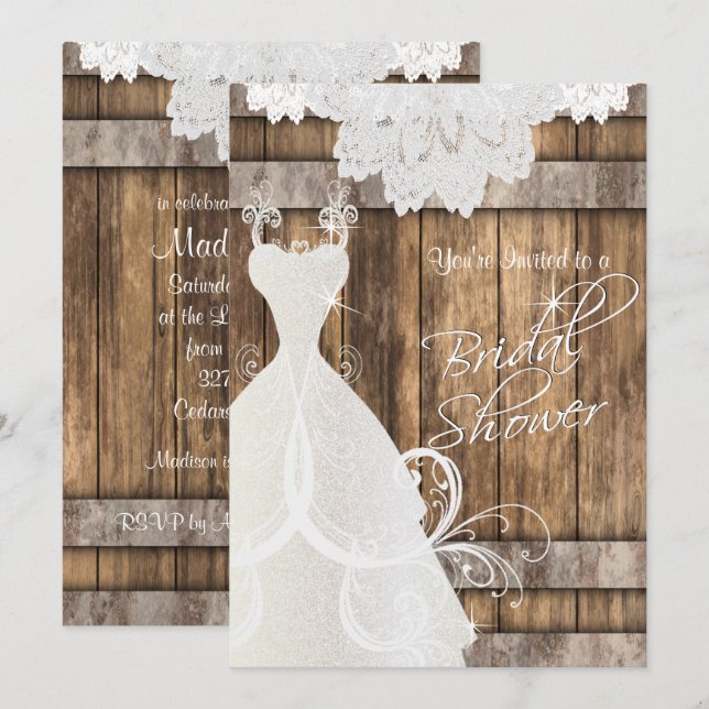 Invitation Douche 👰 nuptiale en bois rustique et 💕 dentelle (Devant / Derrière)