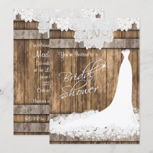 Invitation Douche 👰 nuptiale en bois rustique et dentelle bl