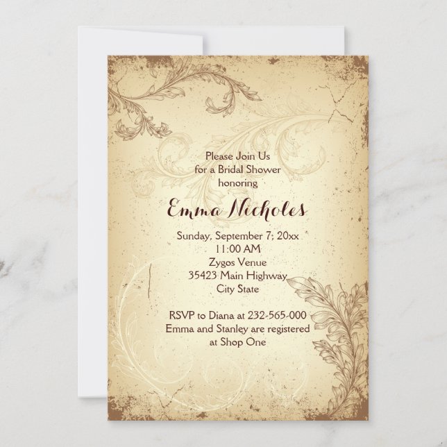 Invitation Douche nuptiale en feuille de parchemin marron vin (Devant)