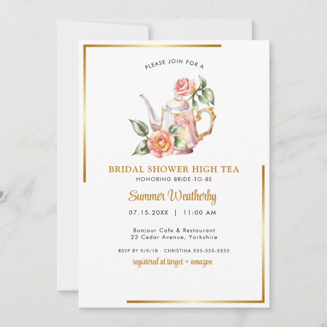 Invitation douche nuptiale, fête du thé nuptial, thé nuptiale (Devant)
