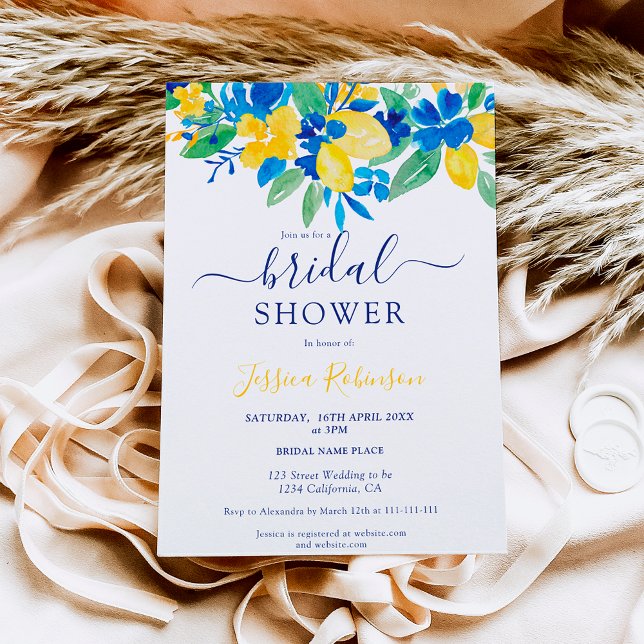 Invitation Douche nuptiale fleurie citrons jaune bleu (Créateur téléchargé)