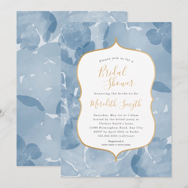 Invitation Douche nuptiale fleurie couleur bleu classique (Devant / Derrière)